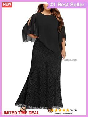 Plus Size Lace Mermaid Evening Gown Chiffon Cape Formal Dress